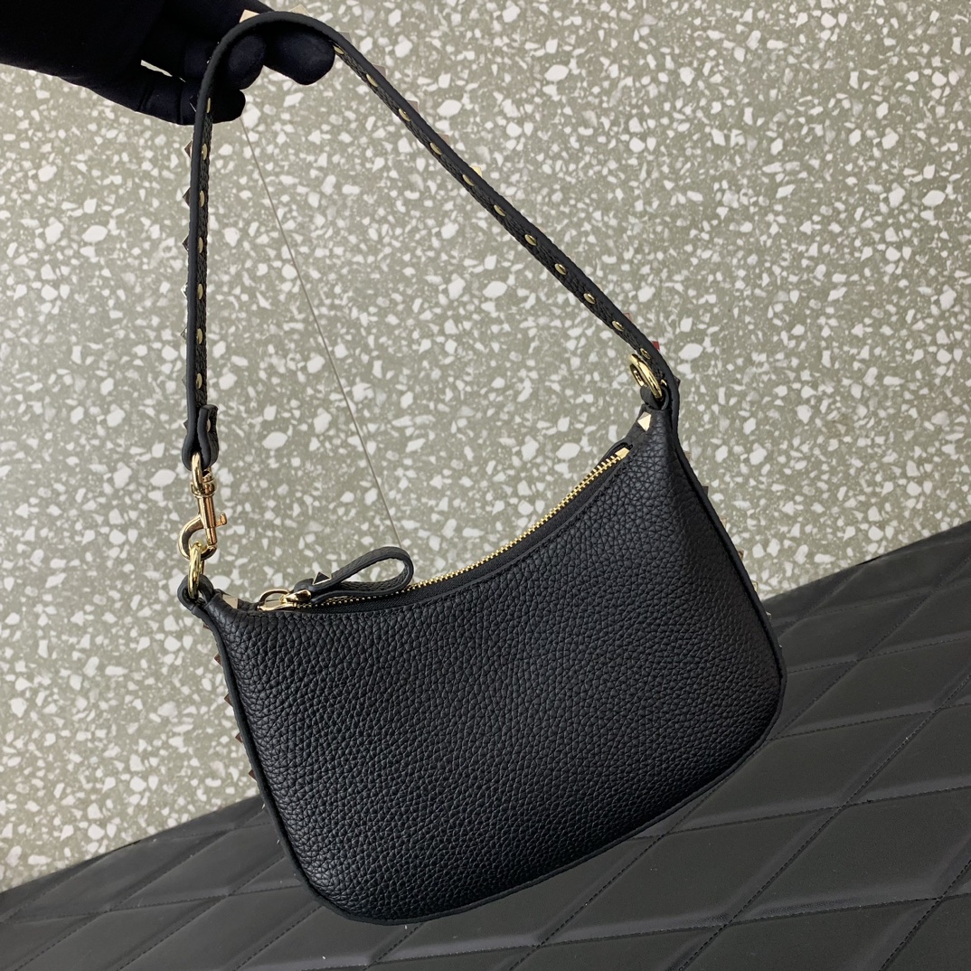 Valentino Garavani Rockstud Mini Hobo Bag in Black Grainy Calfskin